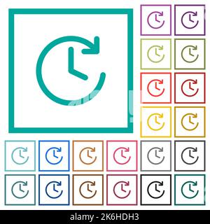 La flèche avant en forme de cercle et les icônes de couleur plate de l'horloge sont dotées de cadres de quadrant sur fond blanc Illustration de Vecteur