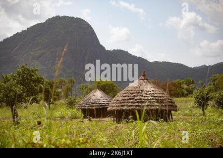 De belles maisons de boue de chaume d'herbe se trouvent dans une vallée au-dessous des collines et des montagnes du district d'Abim, Ouganda, Afrique de l'est. Banque D'Images