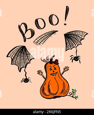 Carte postale amusante avec potiron et araignées pour les fêtes d'Halloween. Lettrage Boo. Concevoir l'élément d'enlisement. Vecteur, illustration. Illustration de Vecteur