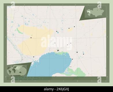 Atyrau, région du Kazakhstan. Ouvrez la carte des rues. Lieux des principales villes de la région. Cartes d'emplacement auxiliaire d'angle Banque D'Images