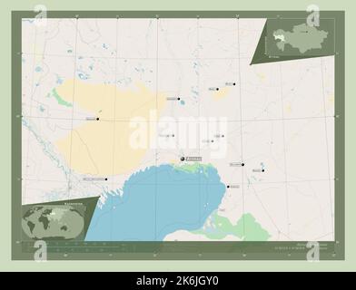 Atyrau, région du Kazakhstan. Ouvrez la carte des rues. Lieux et noms des principales villes de la région. Cartes d'emplacement auxiliaire d'angle Banque D'Images