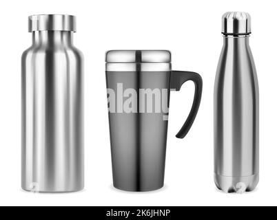 Thermotasse, ensemble tasse à café de voyage, maquette vectorielle isolée. Thermofiole et gobelet en acier inoxydable argenté pour eau chaude ou froide, sport isolé portable o Illustration de Vecteur