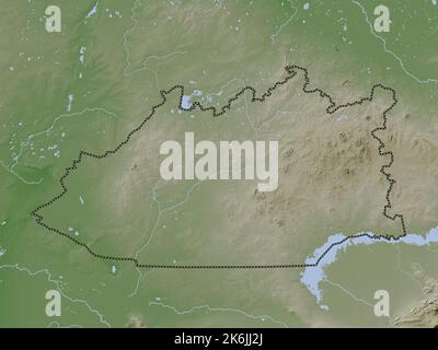 QaragHandy, région du Kazakhstan. Carte d'altitude colorée en style wiki avec lacs et rivières Banque D'Images