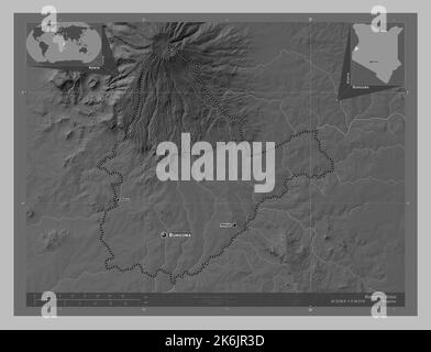Bungoma, comté du Kenya. Carte d'altitude en niveaux de gris avec lacs et rivières. Lieux et noms des principales villes de la région. Emplacement auxiliaire du coin Banque D'Images