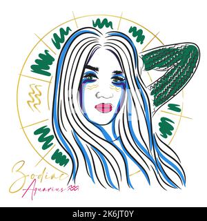 Signe de zodiaque, Verseau, portrait d'une belle fille, mode, dessin de coolé Illustration de Vecteur