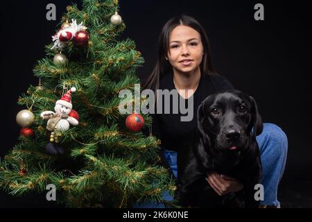 Portrait d'un chien Labrador Retriever avec son propriétaire, près de l'arbre vert du nouvel an. La photo a été prise dans un studio photo sur fond noir. Banque D'Images