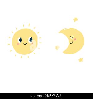 Soleil, lune et étoiles kawaii mignons, en style dessin animé plat. Illustration vectorielle de l'icône pour enfants avec Happy face pour affiche, imprimé en tissu, carte, vêtements pour enfants. Illustration de Vecteur