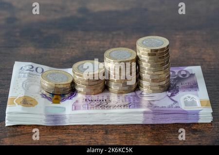 Billets britanniques de vingt livres et pièces de une livre Banque D'Images