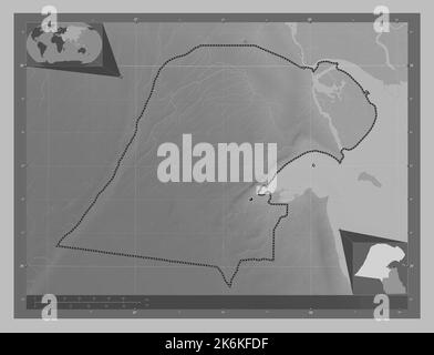 Al Jahrah, province du Koweït. Carte d'altitude en niveaux de gris avec lacs et rivières. Cartes d'emplacement auxiliaire d'angle Banque D'Images