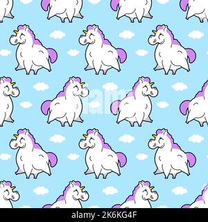 FAT Unicorn Pattern sans couture. Animal mythique charnel arrière-plan. Décoration en tissu pour bébé Illustration de Vecteur
