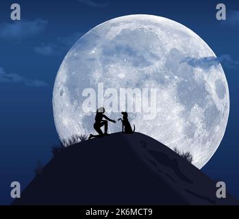 Une fille apprend à son chien à secouer les mains comme ils sont sur une colline la nuit dans le clair de lune dans une illustration de 3-d. Banque D'Images