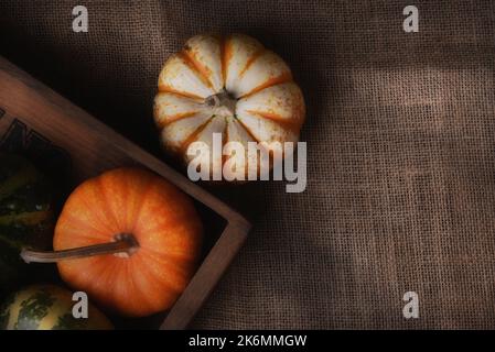 Gourdes d'automne décoratives et citrouilles avec boîte en bois sur toile de jute. Banque D'Images