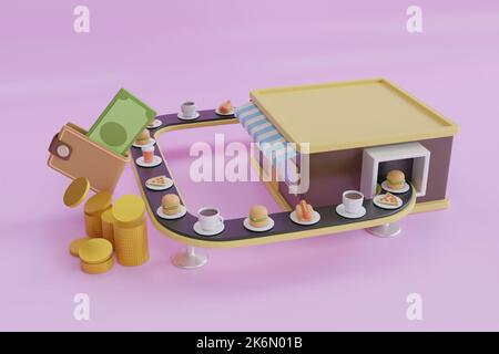 3D Illustration du restaurant de restauration rapide. Application Fast Food Order Plats à emporter en ligne, livraison rapide et gratuite. 3d rendu Banque D'Images