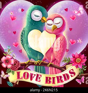 image de dessin animé d'une paire d'oiseaux de rivage verts et roses avec des fleurs et des papillons avec un thème romantique Banque D'Images