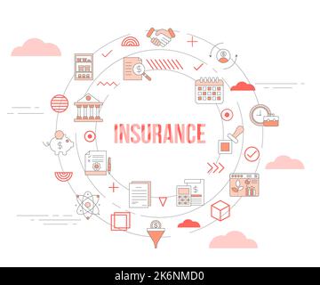 concept d'assurance avec bannière de modèle de jeu d'icônes et illustration vectorielle circulaire Banque D'Images