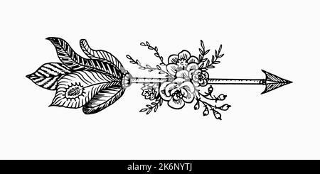 Flèche avec des fleurs, brindilles avec des feuilles, plumes, simple dessin de caniche, style de gravure Banque D'Images