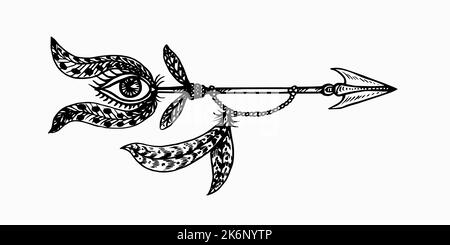 Flèche avec oeil et plumes, dessin simple de caniche, style de gravure Banque D'Images