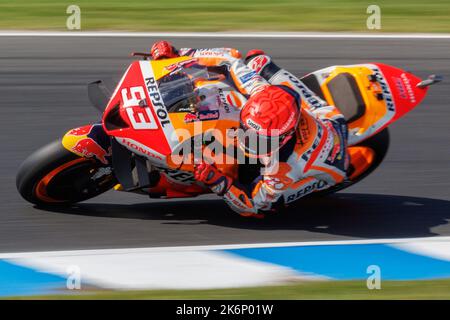 15 octobre 2022: Marc Marquez (SPA) sur la Honda No.93 de Repsol Honda Team lors de la journée de qualification pour le Grand Prix d'Australie des marques Animoca 2022 au circuit du Grand Prix de Phillip Island, Victoria, Australie. Sydney Low/Cal Sport Media Banque D'Images