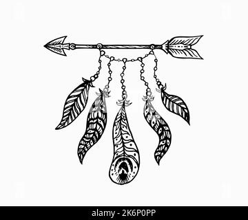 Flèche avec plumes, simple dessin de caniche, style de gravure Banque D'Images