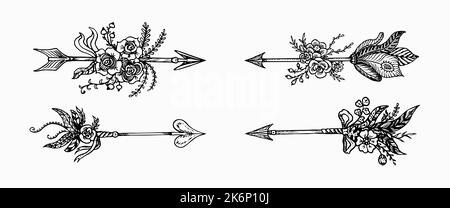 Collection de flèches avec des fleurs et des plumes, simple dessin de caniche, style de gravure Banque D'Images