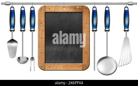 Ensemble de six ustensiles de cuisine et un tableau blanc, suspendu sur un poteau et isolé sur fond blanc. Modèle pour recettes ou menu d'aliments. Banque D'Images