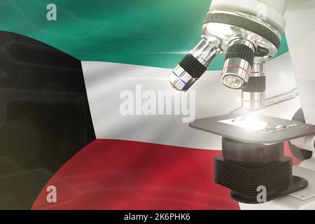 Microscope sur le drapeau du Koweït - concept de développement scientifique. Recherche en chimie ou vaccin 3D illustration de l'objet Banque D'Images