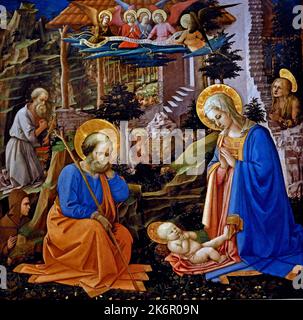 Adoration du Christ enfant avec Saint-Joseph, Saint-Jérôme, Saint-Hilarion, Sainte-Marie-Madeleine et Anges, Filippo Lippi, vers 1455, Florence, Italie. Banque D'Images