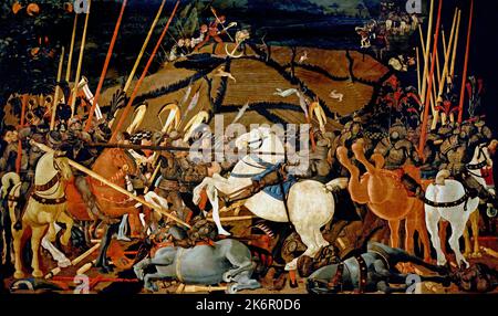 Bataille de San Romano, Paolo Uccello, (Pratovecchio, Arezzo 1397-1475) , Florence, Italie. La bataille de San Romano, a été menée sur 1 juin 1432, à environ 30 miles en dehors de Florence, entre les troupes de Florence, commandé par Niccolò da Tolentino, et Sienne, sous Francesco Piccinino. Le résultat est généralement considéré comme favorable, aux Florentins, mais dans les chroniques sienaises, il a été considéré comme une victoire. Banque D'Images