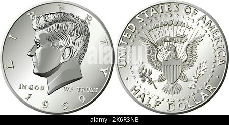 Ensemble de pièces des États-Unis d'un demi-dollar avec John F Kennedy sur l'inverse et le sceau présidentiel sur l'inverse Illustration de Vecteur