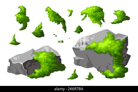 Définir la roche forestière avec de la mousse. Broken de pierre grise dans la bande dessinée. Partie montagneuse de forme naturelle. Illustration vectorielle Illustration de Vecteur