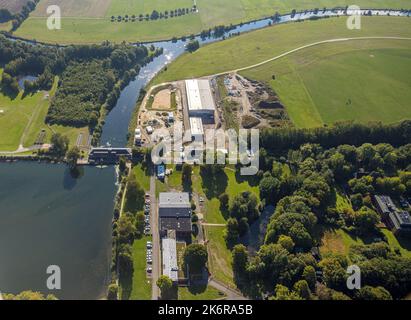 Vue aérienne, réservoir de Hengsen, déversoir, centrale hydroélectrique de Hengsen, compagnie d'approvisionnement en eau AWWR, Hengsen, Holzwickede, région de la Ruhr, Rhénanie-du-Nord-Westphalie, GE Banque D'Images