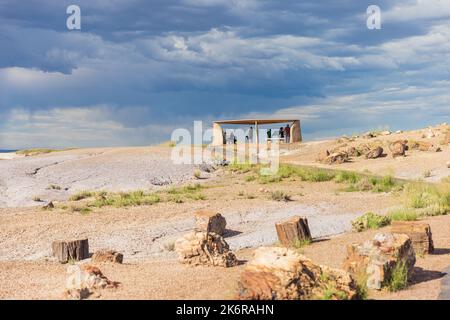 PARC NATIONAL DE LA FORÊT PÉTRIFIÉE, ARIZONA - 1 SEPTEMBRE 2022 : touristes à la recherche d'un abri dans l'ombre au parc national de la forêt pétrifiée, Arizona, États-Unis Banque D'Images