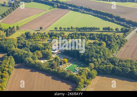 Vue aérienne, piscine extérieure de Schöne Flöte, chantier de construction, Holzwickede, région de la Ruhr, Rhénanie-du-Nord-Westphalie, Allemagne, Bathhouse, Station de baignade, Constru Banque D'Images