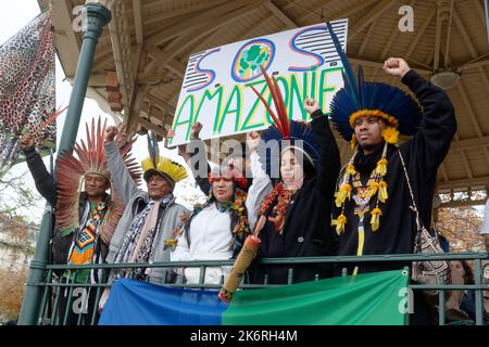 Une marche pour l'amazonie avec 6 présentoirs indignes d'Amazonie et de la forêt Atlantique contre la déforestation et l'orpaillage illégal Banque D'Images