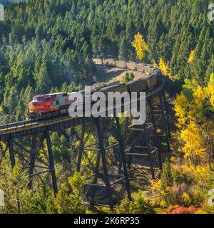 train passant au-dessus d'un haut trestle sous mullan pass en automne près d'austin, montana Banque D'Images