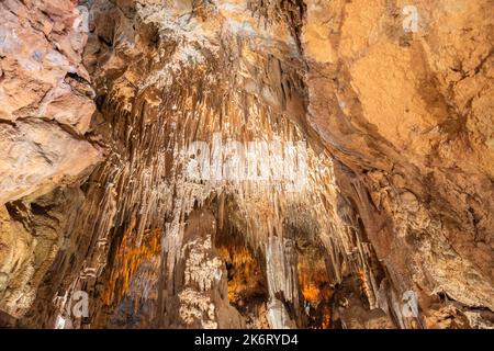 Alanya, Turquie – 18 août 2021. Plafond de la grotte de Damlatas à Alanya, Turquie, avec stalactites. La grotte est connue pour guérir les plaintes respiratoires, je Banque D'Images