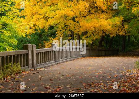 Pont au-dessus de Lake Falls lors d'une belle matinée d'automne. Matthiessen State Park, Illinois, États-Unis. Banque D'Images