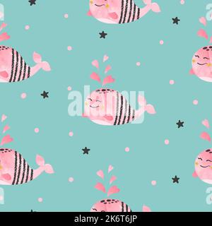 Motif vectoriel sans couture avec de jolis baleines et coeurs. Imprimé bébé Illustration de Vecteur
