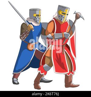 Deux chevaliers en armure médiévale avec boucliers et armes. Illustration vectorielle. Illustration de Vecteur