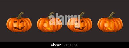 Ensemble de citrouilles d'Halloween à motif vectoriel. Mignon Jack-o-lanternes, visage de citrouille sculpté pour invitations, cartes, emballage, emballage, bannières Design. 3D réaliste Illustration de Vecteur