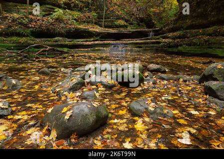 Chute d'eau à la baignoire Giant's un matin d'octobre. Matthiessen State Park, Illinois, États-Unis. Banque D'Images