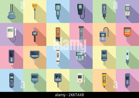 Les icônes du pH-mètre définissent un vecteur plat. Acide chimique. Appareil de mesure de biologie Illustration de Vecteur