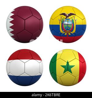 Ballons de football avec les drapeaux des équipes du Groupe A de la coupe du monde de la FIFA 2022 - Qatar, Equateur, Nietherland et Sénégal Banque D'Images