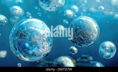 bulles dans l'eau, macrophotographie, fond bleu. Photo de haute qualité Banque D'Images