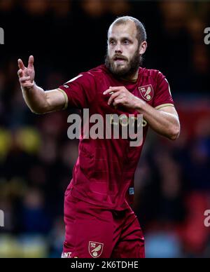 Teemu Pukki de Norwich City en action pendant le match de championnat Sky Bet à Vicarage Road, Watford. Date de la photo: Samedi 15 octobre 2022. Banque D'Images