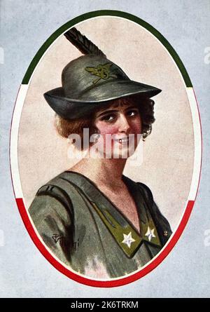 1918 ca., ITALIE : carte postale populaire italienne avec une femme vêtue de l'uniforme militaire ALPINO. Illustrateur inconnu. - ALPINI - ALPINE - CARTOLINA POSTALE - PRIMA GUERRA MONDIALE - WWI - GRANDE GUERRA - GRANDE GUERRE - soldat - soldato - divisa uniforme militare - uniforme militaire - ITALIA - PORTRAIT - RITRATTO - HISTOIRE - FOTO STORICHE - sourire - sorriso -- Archivio GBB Banque D'Images