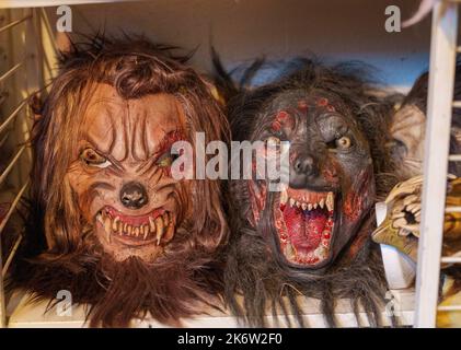 PRODUCTION - 15 octobre 2022, Hesse, Mühltal : deux masques de loup-garou se trouvent sur une étagère. Le château de Frankenstein accueille l'événement d'Halloween depuis 1977, cette année pour la période 43rd (21 octobre-nov 6, 2022). Lors d'une répétition de la tenue vestimentaire, l'organisateur a traversé l'événement effrayant avec un public spécial. Photo: Andreas Arnold/dpa crédit: dpa Picture Alliance/Alay Live News Banque D'Images