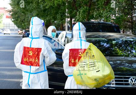 HOHHOT, CHINE - 16 OCTOBRE 2022 - le personnel médical prépare des échantillons pour les tests d'acides nucléiques à Hohhot, Mongolie intérieure, Chine, 16 octobre 2022. Banque D'Images