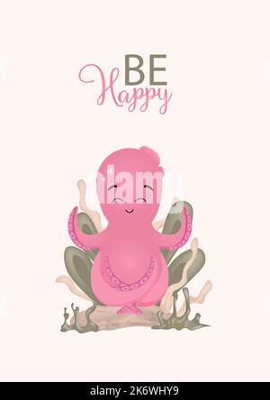 Affiche intérieure pour la chambre des enfants. Thème marin. Rose poulpe sur un fond doux. Illustration de Vecteur