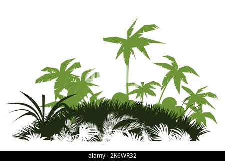 Prairie et palmiers. Jungle forêt tropicale. Silhouette de paysage vert nature. Épaississement tropical dense. Isolé sur fond blanc. Vecteur Illustration de Vecteur